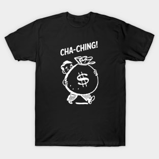 Cha-Ching! Retro Man Reseller with Money Bag - White T-Shirt